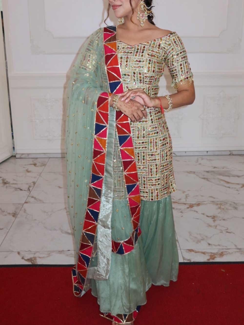 Embellished Pastel Green Ethnic Sharara Set with Mirrorwork, Off Shoulder
